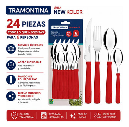 Juego De Cubiertos Acero Inoxidable 24 Piezas Mango Plástico Rojo