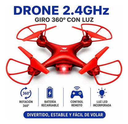 Drone Recargable Luces 2.4ghz Control Remoto 30cm Giro 360 Rojo