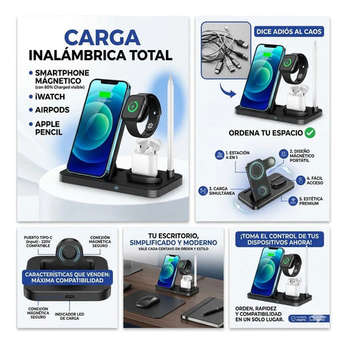 Soporte Cargador Inalambrico Cuadruple Telefonos Android Ios Negro