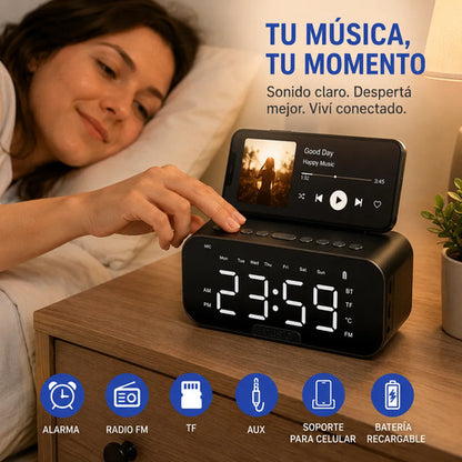 Reloj Despertador Alarma Fm Tf Aux Recargable 800mah Soporte Negro