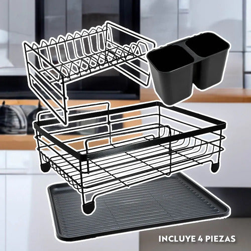 Seca Platos Escurridor De Vajilla Dos Niveles Cubiertos Negro