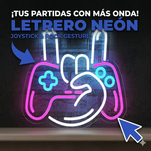 Letrero Cartel Neon Luminoso Gamer Mano Con Gamepad Usb Dimm Blanco
