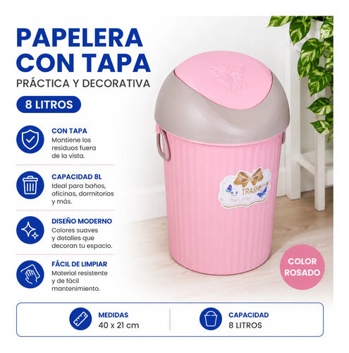 Papelera Cesto Residuos Tapa Basculante 8l Vaivén 40x21cm Rosa