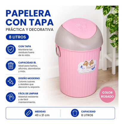 Papelera Cesto Residuos Tapa Basculante 8l Vaivén 40x21cm Rosa