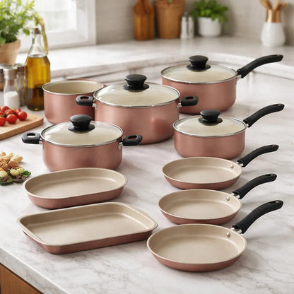 Juego Olla Sarten Diez Pieza Bateria Cocina Hogar Resistente Rosa