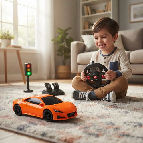 Auto Rc Volante Pedalera Semáforo Luz Sonido Escala 1:16 Naranja