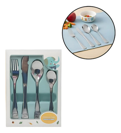 Juego De Cubiertos Infantil Para Niños 4 Piezas Acero Inox Plateado