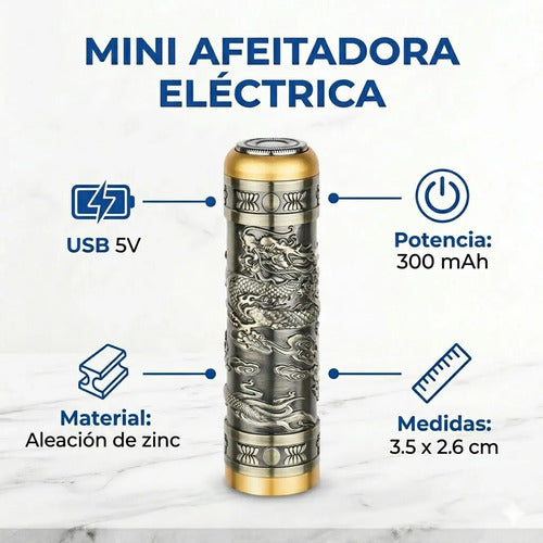 Mini Afeitadora Electrica Buda Vintage Usb 300mah Metal Dorado Oscuro