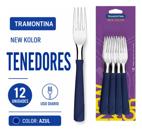 Set Tenedores Mesa Mango Azul Pack X12 Acero Inoxidable