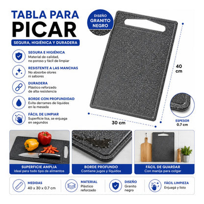Tabla Picar Plastica Reforzada Antiderrame Cocina 40x30cm Granito Negro