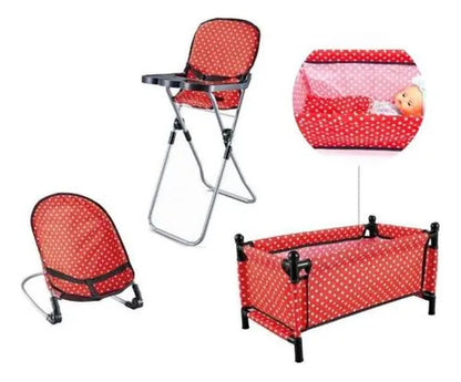 Set 3 En 1 Cuna Silla Alta Mecedora Para Muñecas Plegable Rojo
