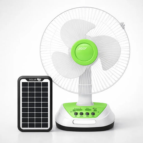 Ventilador Panel Solar Inalambrico Recargable Usb Focos 12  Blanco Con Verde