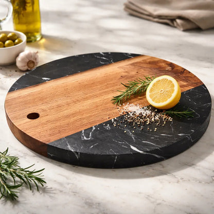 Tabla Cocina Picar Servir Madera Acacia Marmol Redonda 30cm Madera Y Mármol Marróny Negro