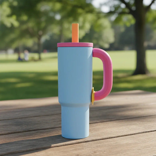 Vaso Termico 1.2l Acero Manija Sorbito Tapa 4 Color Botella Celeste Con Rosado Moderno Con Manija Y Sorbito