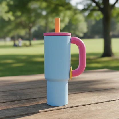 Vaso Termico 1.2l Acero Manija Sorbito Tapa 4 Color Botella Celeste Con Rosado Moderno Con Manija Y Sorbito