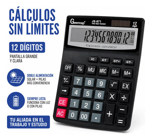Calculadora Grande Escritorio Oficina 12 Digitos Solar Pilas Negro