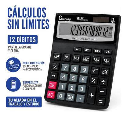Calculadora Grande Escritorio Oficina 12 Digitos Solar Pilas Negro
