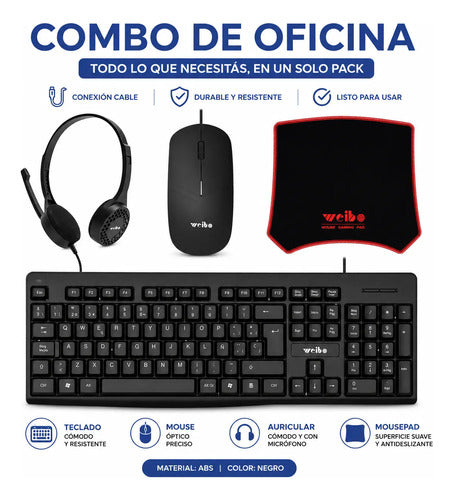 Combo Kit Oficina Teclado Mouse Auricular Mousepad Cableado Negro
