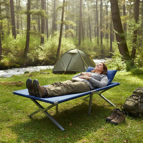 Catre Plegable Aluminio Camping Cama Portatil Exterior 190cm Azul