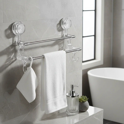 Porta Toalla Toallero Baño Ventosas 58x21cm Doble Barra Baño Plateado