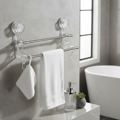 Porta Toalla Toallero Baño Ventosas 58x21cm Doble Barra Baño Plateado