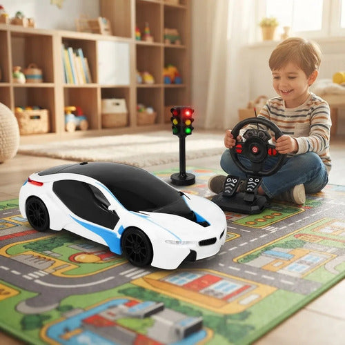 Auto Control Remoto Volante Pedales Semáforo Escala 1:16 Blanco