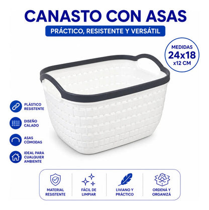 Canasto Plástico Multiuso Organizador Con Asas 24x18x12cm Blanco