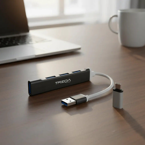 Hub Usb 4 Puertos Notebook Pc + Adaptador Tipo C Usb-a 3.0 Negro