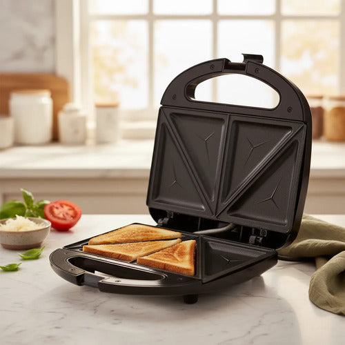 Sandwichera Electrica 750w Antiadherente Acero Inoxidable Eq Negro