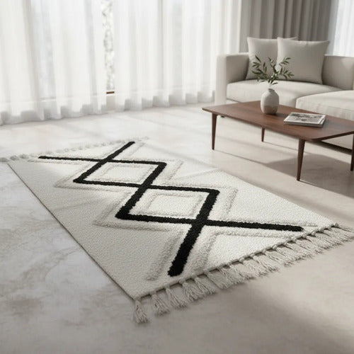 Alfombra Bohemia Algodon 60x140 Flecos Geometrica Pasillo 1.4 M 60 Cm Blanco