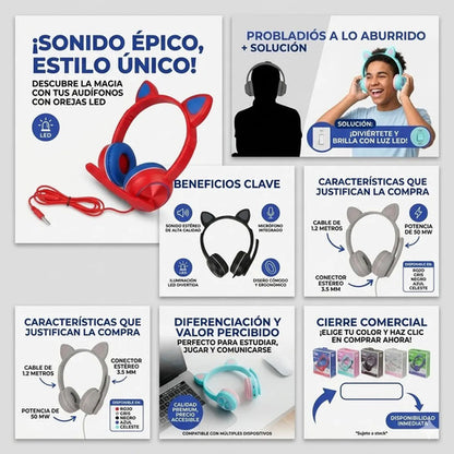 Auriculares Gamer Con Orejas De Gato Microfono Luz Led Rgb Aleatorio