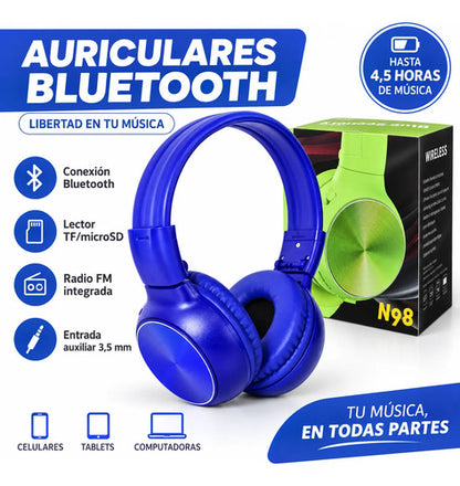 Auriculares Bluetooth Plegables N98 Microsd Radio Fm Azul
