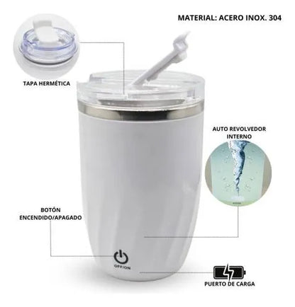 Vaso Taza Revolvedora Mezclador Automatico Usb Recargable Blanco Liso Moderno Con Tapa Transparente
