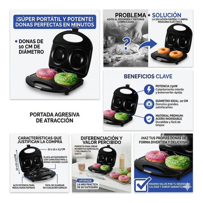 Maquina Electrica Donas 750w Acero Inoxidable Antiadherente Negro