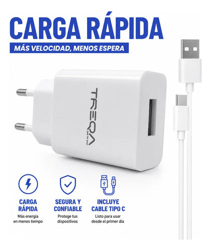 Cargador Pared Usb Cable Tipo C Carga Rapida Celular 18w Blanco