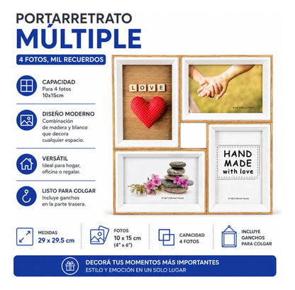 Portarretrato Múltiple Marco Varias Fotos 29x29.5cm Hogar Madera Y Blanco