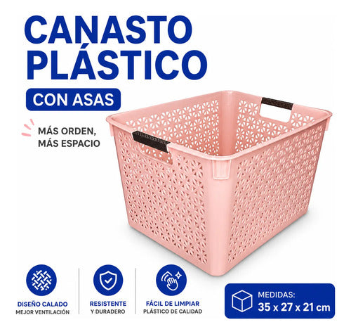 Canasto Plástico Multiuso Organizador Con Asas 35x27x21cm Rosa