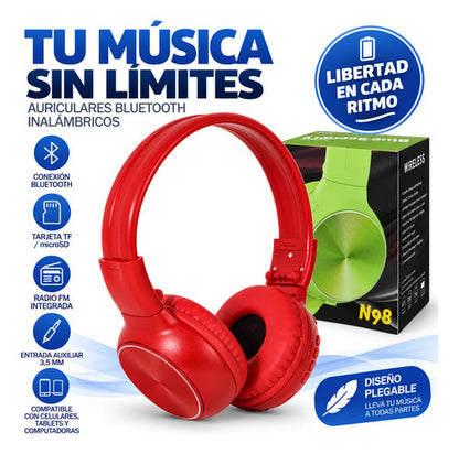 Auriculares Bluetooth Inalámbricos Microsd Radio Fm Rojo