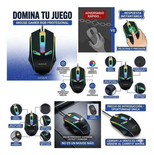 Mouse Gamer Optico Luces Rgb Usb Ledextras Pc Notebook Negro
