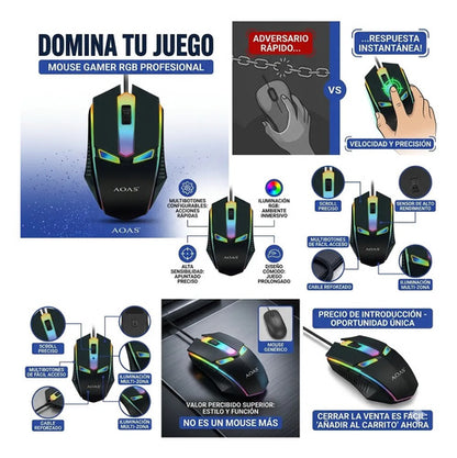 Mouse Gamer Optico Luces Rgb Usb Ledextras Pc Notebook Negro