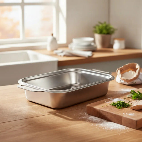 Asadera Fuente Horno Acero Inoxidable Asas Rectangular 35cm Plateado