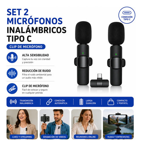 Set 2 Micrófonos Solaperos Inalámbricos Tipo C Ruido Clip Negro