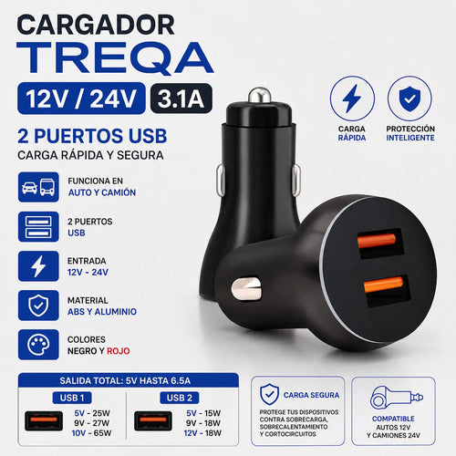 Cargador Auto Doble Usb 12v 24v Carga Rapida Celular Aleatorio - 2 Colores