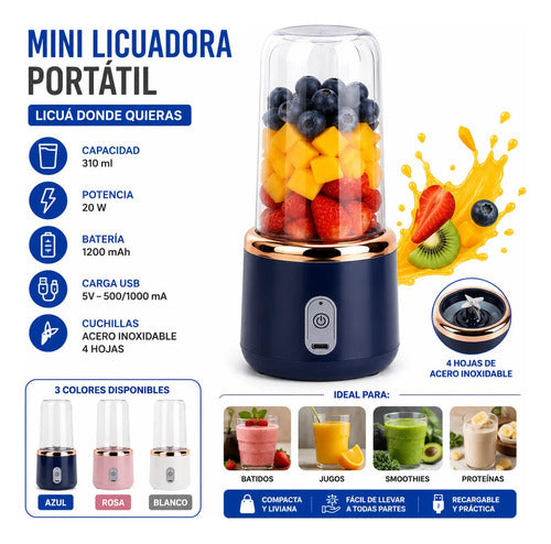 Mini Licuadora Portátil Recargable Vaso 310ml Fruta Verdura Azul