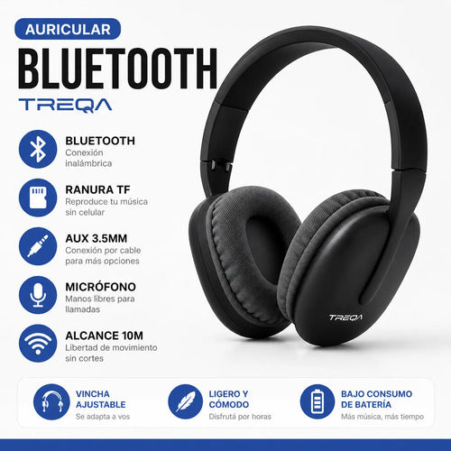 Auriculares Bluetooth Tf Aux 3.5 Mic Manos Libres Ajustable Negro