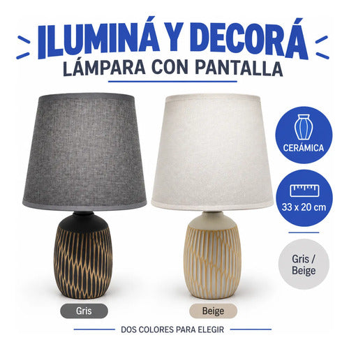 Lámpara Mesa Cerámica Decorativa Pantalla 33cm Velador Beige