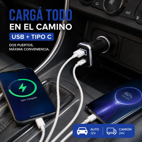 Cargador Vehicular Auto Usb Tipo C Carga Rapida Camion 20w Negro