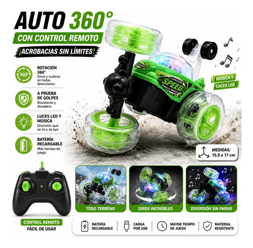 Auto Acrobático Control Remoto 360 Luces Música Recargable Verde