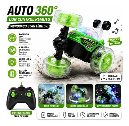 Auto Acrobático Control Remoto 360 Luces Música Recargable Verde