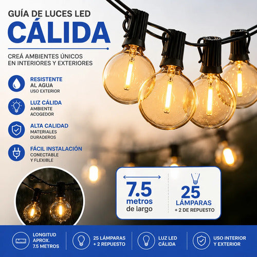 Guirnalda Guía Luces Led Cálidas Exterior 7.5m 25 + 2 Focos Cálido / Ámbar